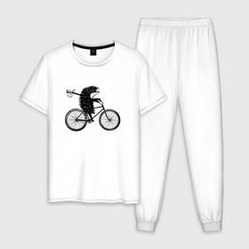 Мужская пижама хлопок с принтом Ежик на велосипеде в Кировске, 100% хлопок | брюки и футболка прямого кроя, без карманов, на брюках мягкая резинка на поясе и по низу штанин
 | Тематика изображения на принте: велосипед | ежик