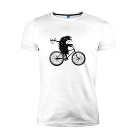 Мужская футболка премиум с принтом Ежик на велосипеде в Кировске, 92% хлопок, 8% лайкра | приталенный силуэт, круглый вырез ворота, длина до линии бедра, короткий рукав | Тематика изображения на принте: велосипед | ежик