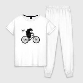 Женская пижама хлопок с принтом Ежик на велосипеде в Кировске, 100% хлопок | брюки и футболка прямого кроя, без карманов, на брюках мягкая резинка на поясе и по низу штанин | Тематика изображения на принте: велосипед | ежик