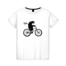 Женская футболка хлопок с принтом Ежик на велосипеде в Кировске, 100% хлопок | прямой крой, круглый вырез горловины, длина до линии бедер, слегка спущенное плечо | Тематика изображения на принте: велосипед | ежик