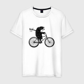 Мужская футболка хлопок с принтом Ежик на велосипеде в Кировске, 100% хлопок | прямой крой, круглый вырез горловины, длина до линии бедер, слегка спущенное плечо. | Тематика изображения на принте: велосипед | ежик