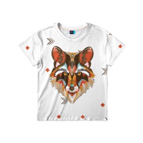 Детская футболка 3D с принтом Этнический лис в Кировске, 100% гипоаллергенный полиэфир | прямой крой, круглый вырез горловины, длина до линии бедер, чуть спущенное плечо, ткань немного тянется | дикая | дикий | лес | лис | лиса | луна | ночь | собака | тьма