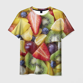 Мужская футболка 3D с принтом Фруктовое ассорти в Кировске, 100% полиэфир | прямой крой, круглый вырез горловины, длина до линии бедер | витамины | еда | клубника | лимон | малина | овощи | фрукты | цвета | яблоко | яркие