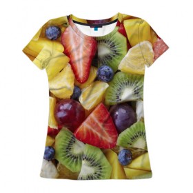 Женская футболка 3D с принтом Фруктовое ассорти в Кировске, 100% полиэфир ( синтетическое хлопкоподобное полотно) | прямой крой, круглый вырез горловины, длина до линии бедер | витамины | еда | клубника | лимон | малина | овощи | фрукты | цвета | яблоко | яркие