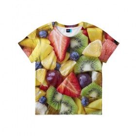Детская футболка 3D с принтом Фруктовое ассорти в Кировске, 100% гипоаллергенный полиэфир | прямой крой, круглый вырез горловины, длина до линии бедер, чуть спущенное плечо, ткань немного тянется | витамины | еда | клубника | лимон | малина | овощи | фрукты | цвета | яблоко | яркие