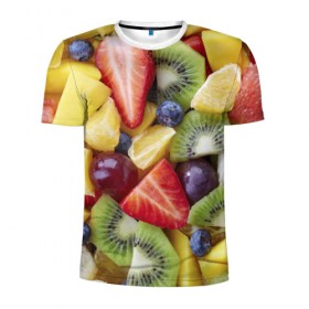 Мужская футболка 3D спортивная с принтом Фруктовое ассорти в Кировске, 100% полиэстер с улучшенными характеристиками | приталенный силуэт, круглая горловина, широкие плечи, сужается к линии бедра | Тематика изображения на принте: витамины | еда | клубника | лимон | малина | овощи | фрукты | цвета | яблоко | яркие