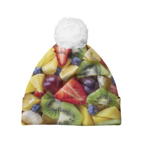 Шапка 3D c помпоном с принтом Фруктовое ассорти в Кировске, 100% полиэстер | универсальный размер, печать по всей поверхности изделия | витамины | еда | клубника | лимон | малина | овощи | фрукты | цвета | яблоко | яркие