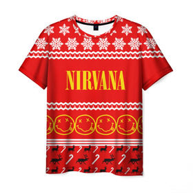 Мужская футболка 3D с принтом Праздничный Nirvana в Кировске, 100% полиэфир | прямой крой, круглый вырез горловины, длина до линии бедер | cobain | kurt | nirvana | альтернативный | гранж | группа | дональд | знак | кобейн | красный | курт | музыка | музыкант | надпись | нервана | нирвана | новогодний | новоселич | новый год | певец | праздник