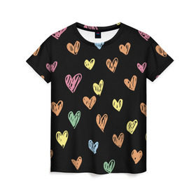 Женская футболка 3D с принтом Разноцветные сердечки в Кировске, 100% полиэфир ( синтетическое хлопкоподобное полотно) | прямой крой, круглый вырез горловины, длина до линии бедер | 14 | love | валентин | губы | день | любовь | подарок | поцелуй | сердце | страсть | февраль