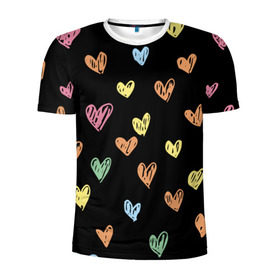 Мужская футболка 3D спортивная с принтом Разноцветные сердечки в Кировске, 100% полиэстер с улучшенными характеристиками | приталенный силуэт, круглая горловина, широкие плечи, сужается к линии бедра | 14 | love | валентин | губы | день | любовь | подарок | поцелуй | сердце | страсть | февраль