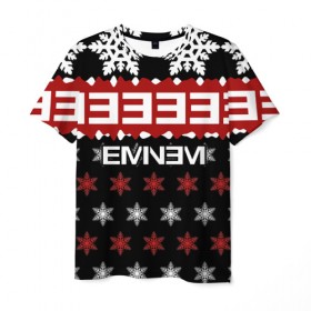 Мужская футболка 3D с принтом Праздничный Eminem в Кировске, 100% полиэфир | прямой крой, круглый вырез горловины, длина до линии бедер | hip hop | hiphop | mc | rap | брюс | еменем | еминем | зачитал | знак | красный | маршалл | мс | мэтерс | надпись | новогодний | новый год | праздник | реп | репер | речитатив | рождество | рэп | рэпер | снежинки | хип