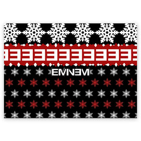 Поздравительная открытка с принтом Праздничный Eminem в Кировске, 100% бумага | плотность бумаги 280 г/м2, матовая, на обратной стороне линовка и место для марки
 | hip hop | hiphop | mc | rap | брюс | еменем | еминем | зачитал | знак | красный | маршалл | мс | мэтерс | надпись | новогодний | новый год | праздник | реп | репер | речитатив | рождество | рэп | рэпер | снежинки | хип