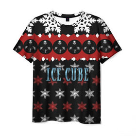 Мужская футболка 3D с принтом Праздничный Ice Cube в Кировске, 100% полиэфир | прямой крой, круглый вырез горловины, длина до линии бедер | hip hop | hiphop | ice cube | mc | n.w.a | rap | айс | джексон | западное по | знак | красный | куб | кубе | кубик льда | кьюб | мс | надпись | новогодний | новый год | о ши | оши | праздник | реп | репер | речитатив | рождество