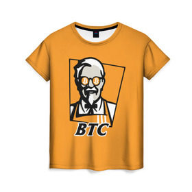 Женская футболка 3D с принтом BITCOIN в стиле KFC в Кировске, 100% полиэфир ( синтетическое хлопкоподобное полотно) | прямой крой, круглый вырез горловины, длина до линии бедер | bitcoin | btc | crypto | kfc | биткоин | валюта | деньги | криптовалюта | цифровое золото