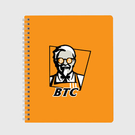 Тетрадь с принтом BITCOIN в стиле KFC в Кировске, 100% бумага | 48 листов, плотность листов — 60 г/м2, плотность картонной обложки — 250 г/м2. Листы скреплены сбоку удобной пружинной спиралью. Уголки страниц и обложки скругленные. Цвет линий — светло-серый
 | bitcoin | btc | crypto | kfc | биткоин | валюта | деньги | криптовалюта | цифровое золото