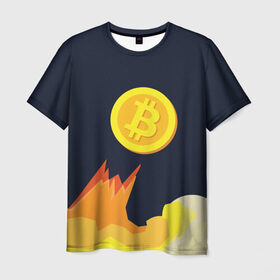 Мужская футболка 3D с принтом BITCOIN UP в Кировске, 100% полиэфир | прямой крой, круглый вырез горловины, длина до линии бедер | Тематика изображения на принте: bitcoin | btc | crypto | биткоин | валюта | деньги | криптовалюта | майнер | майнинг | цифровое золото
