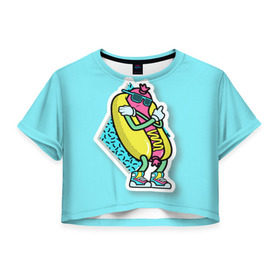 Женская футболка 3D укороченная с принтом Хот-Дог в Кировске, 100% полиэстер | круглая горловина, длина футболки до линии талии, рукава с отворотами | 90s style | food | hot dog | pop art | style | еда | поп арт | стиль 90 х | хот дог