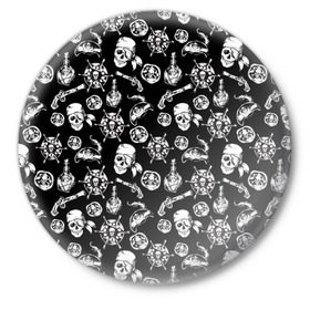 Значок с принтом Pirates Pattern в Кировске,  металл | круглая форма, металлическая застежка в виде булавки | паттерн | пиратский | пираты | черно белый