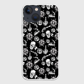 Чехол для iPhone 13 mini с принтом Pirates Pattern в Кировске,  |  | Тематика изображения на принте: паттерн | пиратский | пираты | черно белый