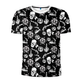Мужская футболка 3D спортивная с принтом Pirates Pattern в Кировске, 100% полиэстер с улучшенными характеристиками | приталенный силуэт, круглая горловина, широкие плечи, сужается к линии бедра | Тематика изображения на принте: паттерн | пиратский | пираты | черно белый