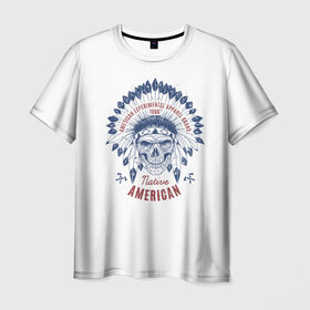 Мужская футболка 3D с принтом Native American в Кировске, 100% полиэфир | прямой крой, круглый вырез горловины, длина до линии бедер | america | chieftain | feathers | indian | native american | skeleton | skull | tattoo | америка | американец | вождь | индеец | перья | скелет | тату | череп