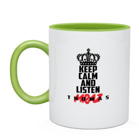 Кружка двухцветная с принтом Keep calm and listen T.Mraz в Кировске, керамика | объем — 330 мл, диаметр — 80 мм. Цветная ручка и кайма сверху, в некоторых цветах — вся внутренняя часть | thomas mraz | томас | тхомас