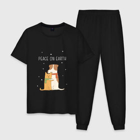 Мужская пижама хлопок с принтом Кот и пес в Кировске, 100% хлопок | брюки и футболка прямого кроя, без карманов, на брюках мягкая резинка на поясе и по низу штанин
 | Тематика изображения на принте: год собаки | котик | мемес | москва | новый год | россия | собака