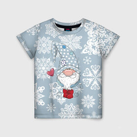 Детская футболка 3D с принтом Милый гномик в Кировске, 100% гипоаллергенный полиэфир | прямой крой, круглый вырез горловины, длина до линии бедер, чуть спущенное плечо, ткань немного тянется | happy new year | волшебство | гном | гномик | новый год | снег | снежинки