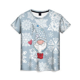 Женская футболка 3D с принтом Милый гномик в Кировске, 100% полиэфир ( синтетическое хлопкоподобное полотно) | прямой крой, круглый вырез горловины, длина до линии бедер | Тематика изображения на принте: happy new year | волшебство | гном | гномик | новый год | снег | снежинки