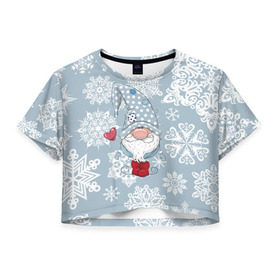 Женская футболка 3D укороченная с принтом Милый гномик в Кировске, 100% полиэстер | круглая горловина, длина футболки до линии талии, рукава с отворотами | happy new year | волшебство | гном | гномик | новый год | снег | снежинки