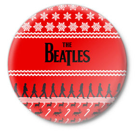 Значок с принтом Праздничный The Beatles в Кировске,  металл | круглая форма, металлическая застежка в виде булавки | beatles | the beatles | бител | битлз | битлс | битлы | группа | джон леннон | джордж харрисон | жуки | знак | красный | ливерпульская четвёрка | мерсибит | надпись | новогодний | новый год | пол маккартни | поп