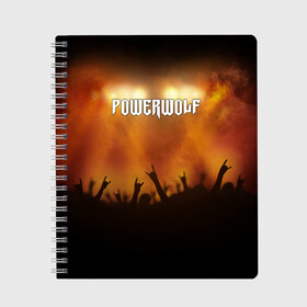 Тетрадь с принтом Powerwolf в Кировске, 100% бумага | 48 листов, плотность листов — 60 г/м2, плотность картонной обложки — 250 г/м2. Листы скреплены сбоку удобной пружинной спиралью. Уголки страниц и обложки скругленные. Цвет линий — светло-серый
 | Тематика изображения на принте: band | metal | music | powerwolf | rock | атрибутика | метал | музыка | рок