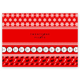 Поздравительная открытка с принтом Праздничный Twenty One Pilots в Кировске, 100% бумага | плотность бумаги 280 г/м2, матовая, на обратной стороне линовка и место для марки
 | Тематика изображения на принте: 21 pilots | красный | новогодний | рождество | снежинки