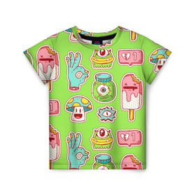 Детская футболка 3D с принтом Страшилки монстрики в Кировске, 100% гипоаллергенный полиэфир | прямой крой, круглый вырез горловины, длина до линии бедер, чуть спущенное плечо, ткань немного тянется | глаз | монстр | мороженое | мультик | приведение | розовый | ужасы | улыбка | цветная
