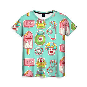 Женская футболка 3D с принтом Яркие монстрики в Кировске, 100% полиэфир ( синтетическое хлопкоподобное полотно) | прямой крой, круглый вырез горловины, длина до линии бедер | глаз | монстр | мороженое | мультик | приведение | розовый | ужасы | улыбка | цветная
