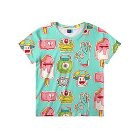 Детская футболка 3D с принтом Яркие монстрики в Кировске, 100% гипоаллергенный полиэфир | прямой крой, круглый вырез горловины, длина до линии бедер, чуть спущенное плечо, ткань немного тянется | глаз | монстр | мороженое | мультик | приведение | розовый | ужасы | улыбка | цветная