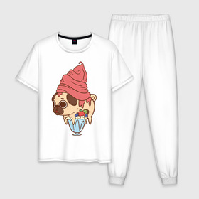 Мужская пижама хлопок с принтом мопс-мороженое в Кировске, 100% хлопок | брюки и футболка прямого кроя, без карманов, на брюках мягкая резинка на поясе и по низу штанин
 | 