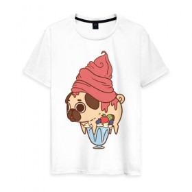 Мужская футболка хлопок с принтом мопс-мороженое в Кировске, 100% хлопок | прямой крой, круглый вырез горловины, длина до линии бедер, слегка спущенное плечо. | 