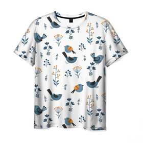 Мужская футболка 3D с принтом Воробушки в Кировске, 100% полиэфир | прямой крой, круглый вырез горловины, длина до линии бедер | Тематика изображения на принте: воробей | зяблик | минимализм | паттерн | птицы | цветы | чиж