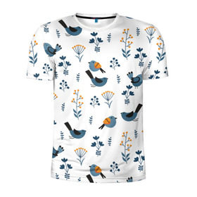 Мужская футболка 3D спортивная с принтом Воробушки в Кировске, 100% полиэстер с улучшенными характеристиками | приталенный силуэт, круглая горловина, широкие плечи, сужается к линии бедра | воробей | зяблик | минимализм | паттерн | птицы | цветы | чиж