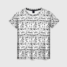 Женская футболка 3D с принтом Нотный стан в Кировске, 100% полиэфир ( синтетическое хлопкоподобное полотно) | прямой крой, круглый вырез горловины, длина до линии бедер | бемоль | диез | до | ля | ми | ноты | октава | паттерн | ре | си | скрипичный ключ | соль | фа