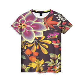 Женская футболка 3D с принтом Осенние мотивы в Кировске, 100% полиэфир ( синтетическое хлопкоподобное полотно) | прямой крой, круглый вырез горловины, длина до линии бедер | fashion | flower | акварельные цветы | краски | осень | природа | рисованные цветы | розы | цветы