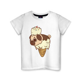 Детская футболка хлопок с принтом мопс-мороженое в Кировске, 100% хлопок | круглый вырез горловины, полуприлегающий силуэт, длина до линии бедер | Тематика изображения на принте: pug | мопс