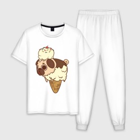 Мужская пижама хлопок с принтом мопс-мороженое в Кировске, 100% хлопок | брюки и футболка прямого кроя, без карманов, на брюках мягкая резинка на поясе и по низу штанин
 | pug | мопс