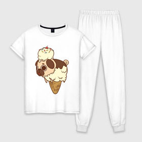 Женская пижама хлопок с принтом мопс-мороженое в Кировске, 100% хлопок | брюки и футболка прямого кроя, без карманов, на брюках мягкая резинка на поясе и по низу штанин | pug | мопс