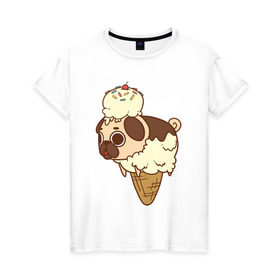 Женская футболка хлопок с принтом мопс-мороженое в Кировске, 100% хлопок | прямой крой, круглый вырез горловины, длина до линии бедер, слегка спущенное плечо | pug | мопс