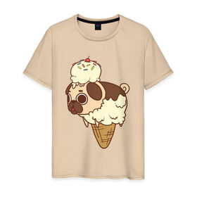 Мужская футболка хлопок с принтом мопс-мороженое в Кировске, 100% хлопок | прямой крой, круглый вырез горловины, длина до линии бедер, слегка спущенное плечо. | pug | мопс