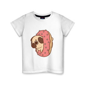 Детская футболка хлопок с принтом мопс-пончик в Кировске, 100% хлопок | круглый вырез горловины, полуприлегающий силуэт, длина до линии бедер | Тематика изображения на принте: pug | мопс