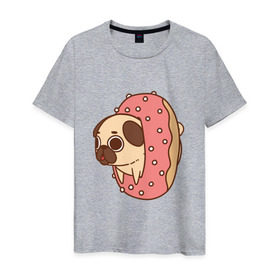 Мужская футболка хлопок с принтом мопс-пончик в Кировске, 100% хлопок | прямой крой, круглый вырез горловины, длина до линии бедер, слегка спущенное плечо. | Тематика изображения на принте: pug | мопс