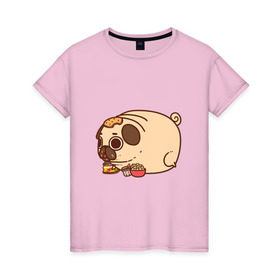 Женская футболка хлопок с принтом мопс-толстяк в Кировске, 100% хлопок | прямой крой, круглый вырез горловины, длина до линии бедер, слегка спущенное плечо | pug | мопс